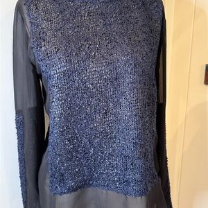 Arynk Navy Textured Front Knit Sweater Top sheer side Blue with black sequin SzL
